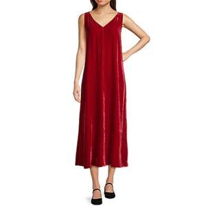 Eileen Fisher The System Velvet Dress Midi V Neck Sleeveless Minimalist Ruby Red